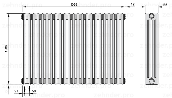 Схема (чертеж) Радиатор Zehnder Charleston 4150/23 №3370 Белый глянцевый RAL 9016